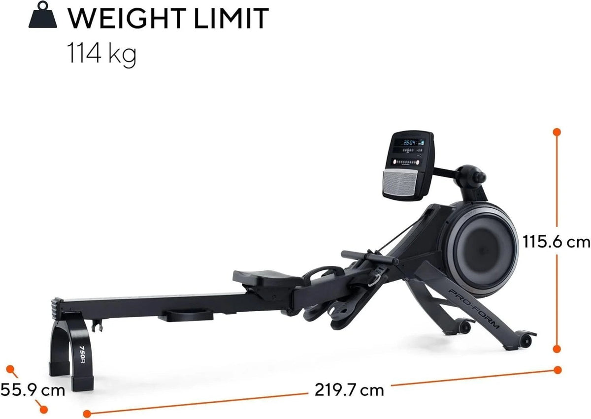 Casavibeo ProForm 750R rowing machine with digital display and adjustable resistance in a home gym setting