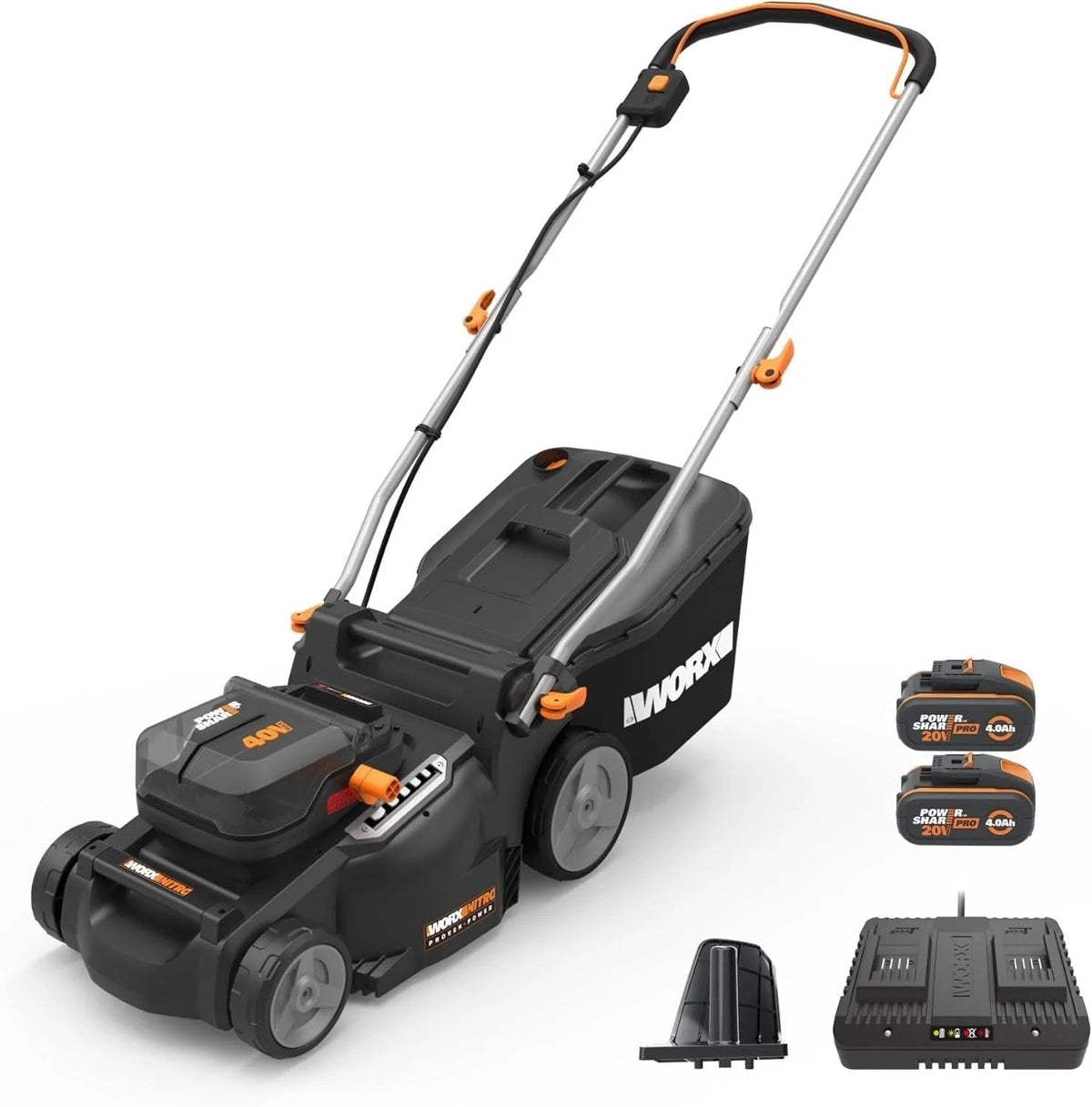 WORX Nitro 40V 16-inch cordless lawn mower with brushless motor and IntelliCut technology, shown with grass and cutting deck