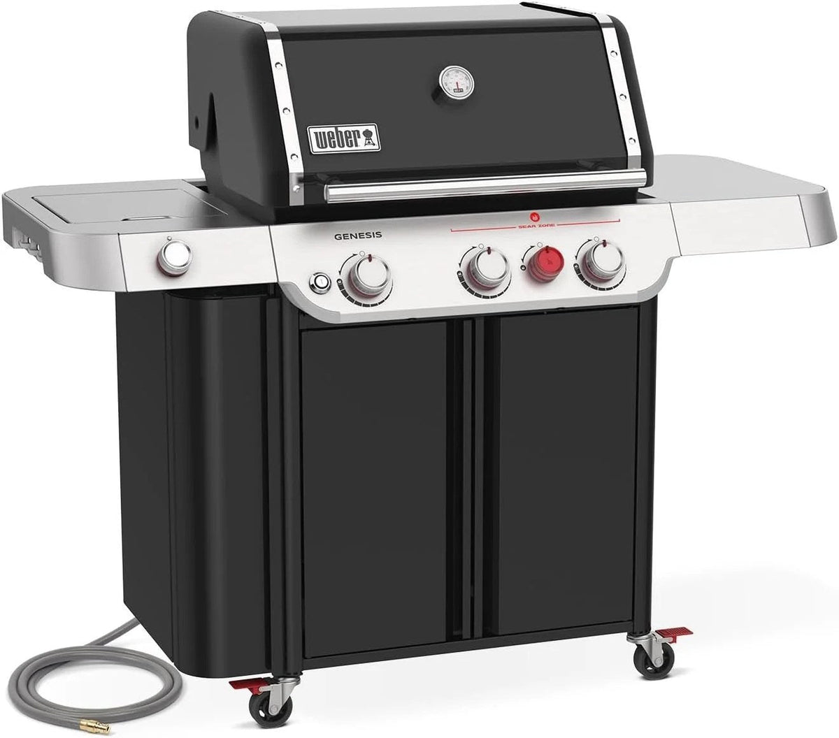 Casavibeo Genesis II E-335 gas grill with stainless steel lid, multiple burners, and side shelves for outdoor cooking.