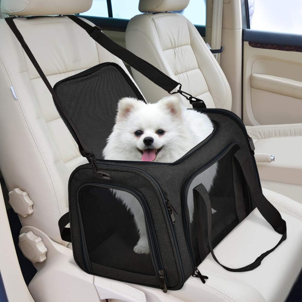 Belro dog and cat carrier bag for small pets up to 15 lbs, automotive travel bag with handles and mesh ventilation.