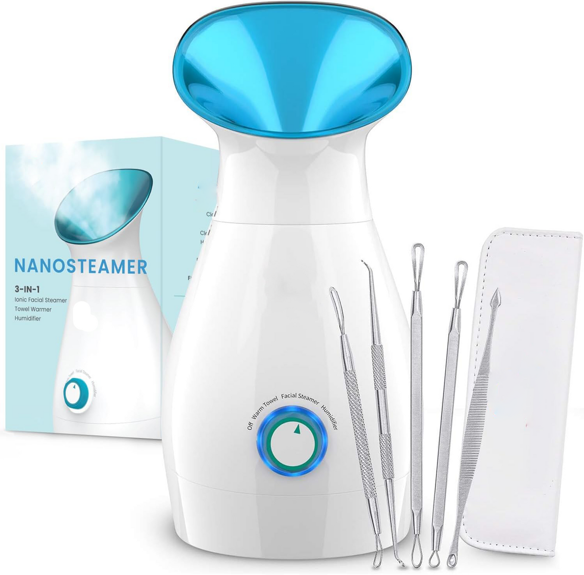 Belro Nano Ionic Facial Steamer Machine for skin care, showing the sleek black device with steam outlet and control buttons.