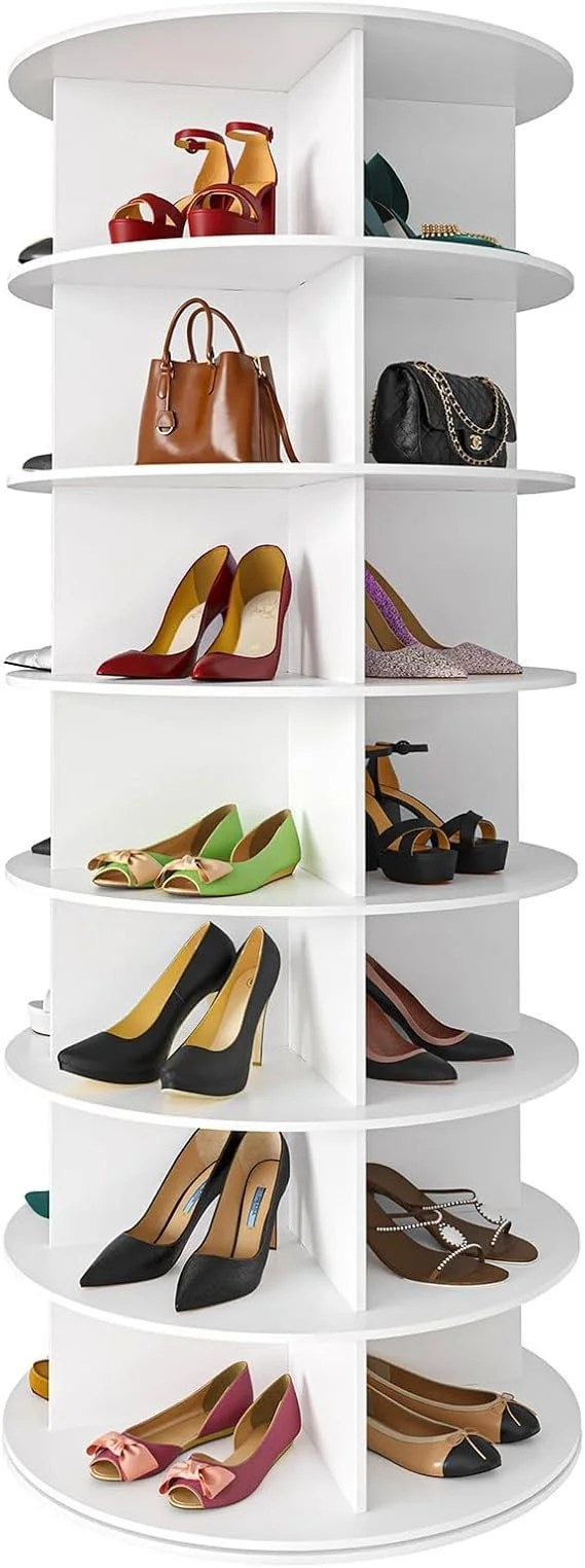 Casavibeo SpaceAid 7-tier white rotating shoe rack tower with spinning carousel for organized shoe and handbag storage.