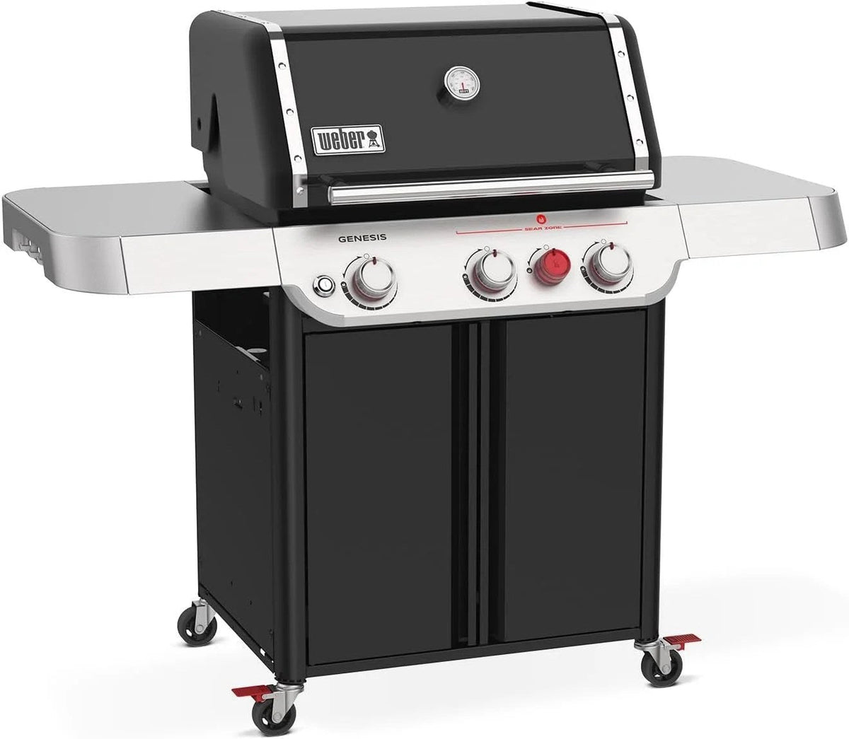 Casavibeo Weber Genesis E-325s gas grill with stainless steel lid, side tables, and four burners for outdoor cooking.