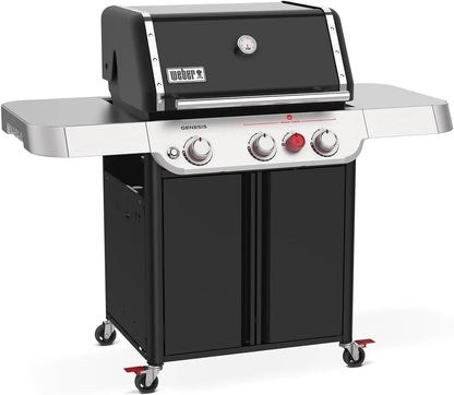 Casavibeo Weber Genesis E-325s gas grill with stainless steel lid, side tables, and four burners for outdoor cooking.