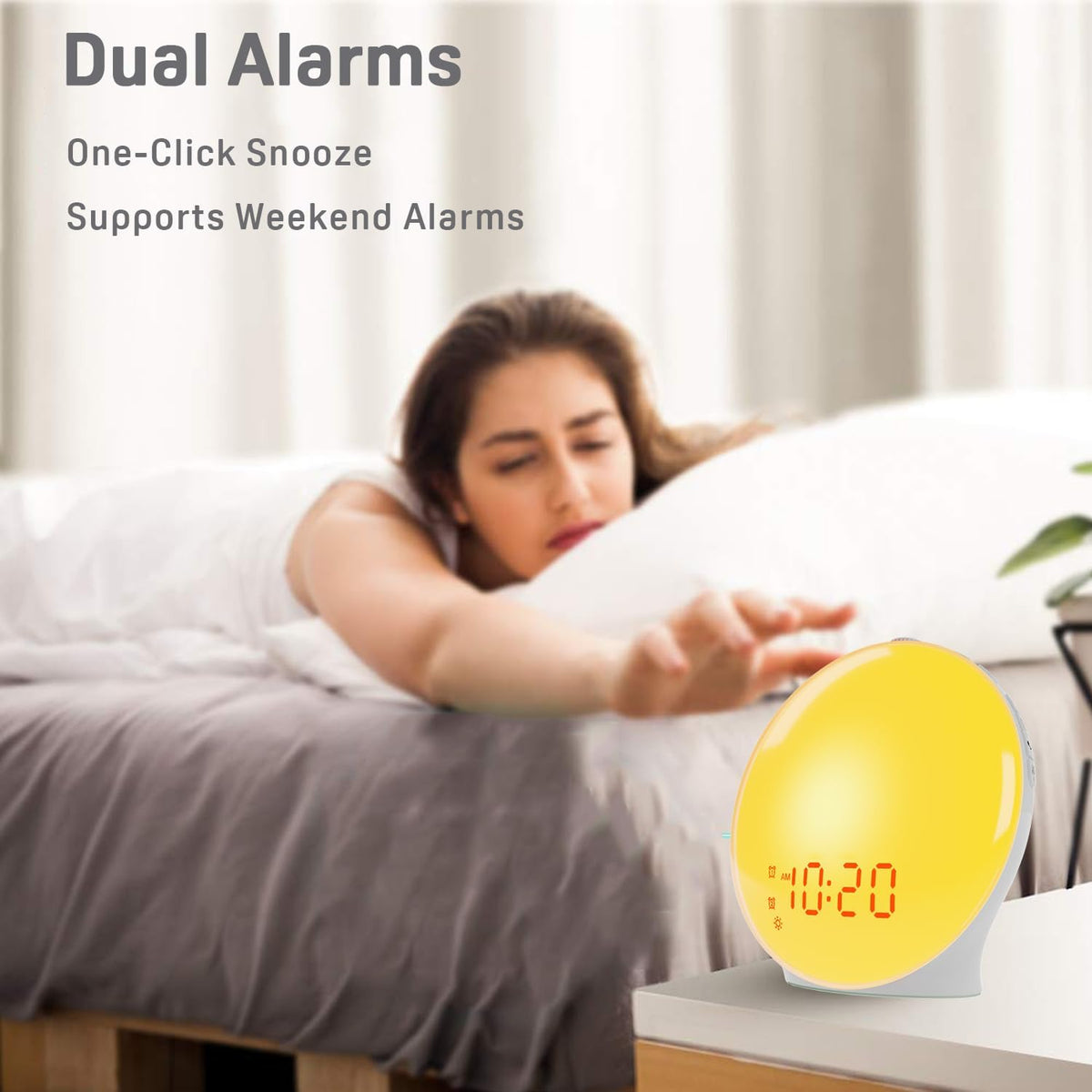 Belro Sunrise Alarm Clock displaying a bright sunrise simulation on a sleek home decor clock with digital display.