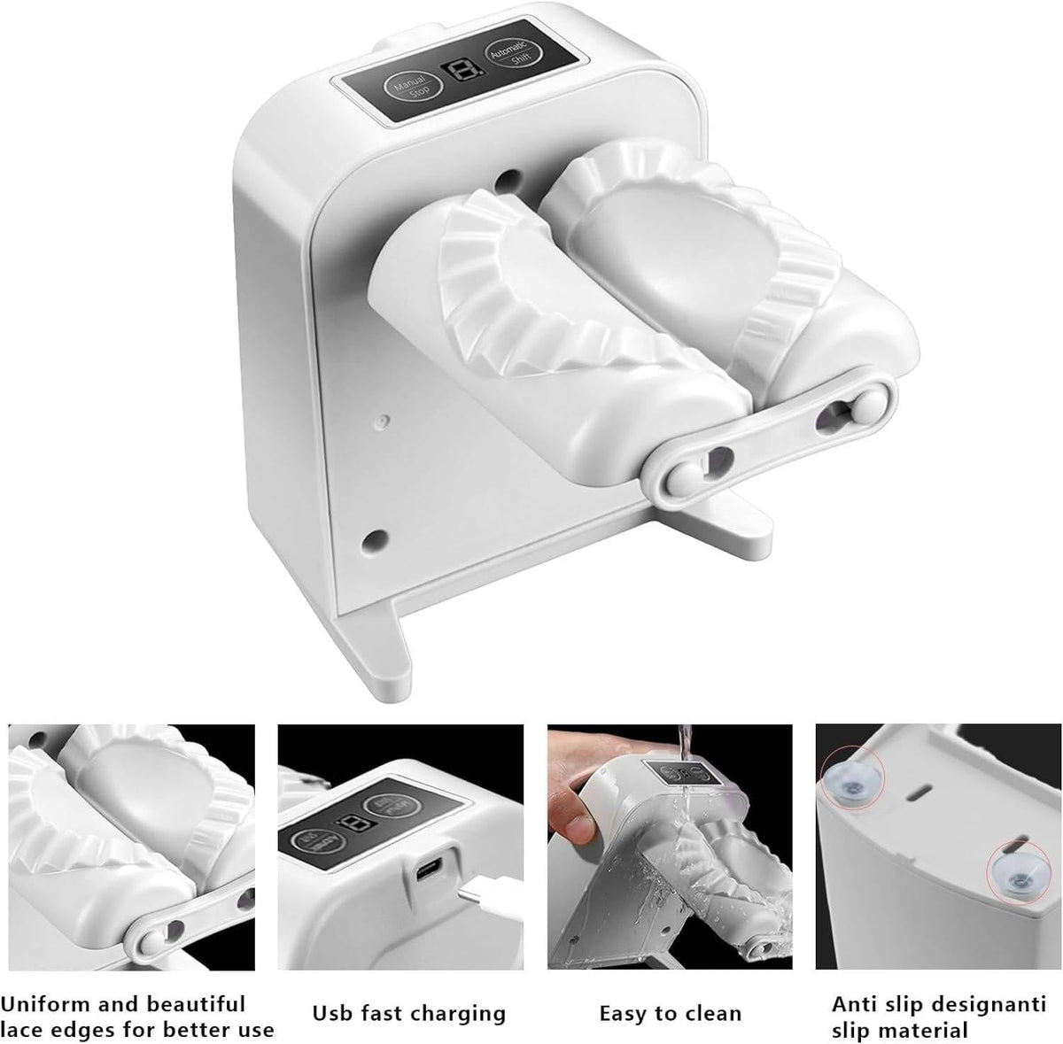 Automatic dumpling maker by Belro, compact kitchen appliance for easy homemade dumpling preparation, shown on a clean countertop.