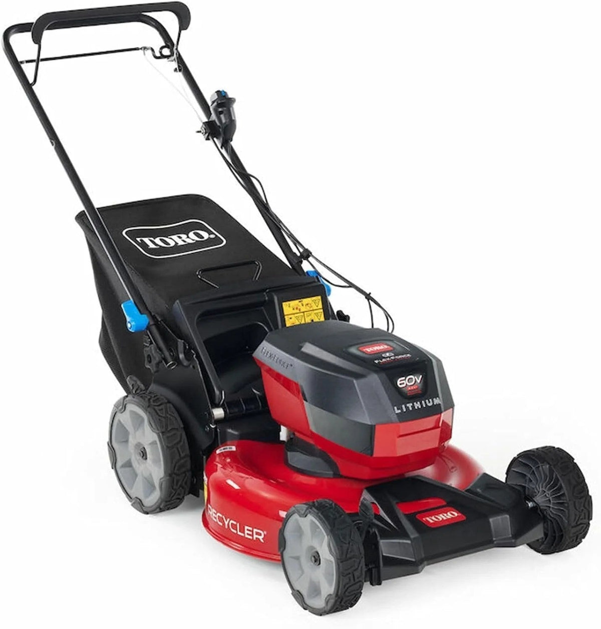 Toro 60V Recycler SmartStow 21-inch self-propelled mower with rear-wheel drive, featuring a compact design and durable build.