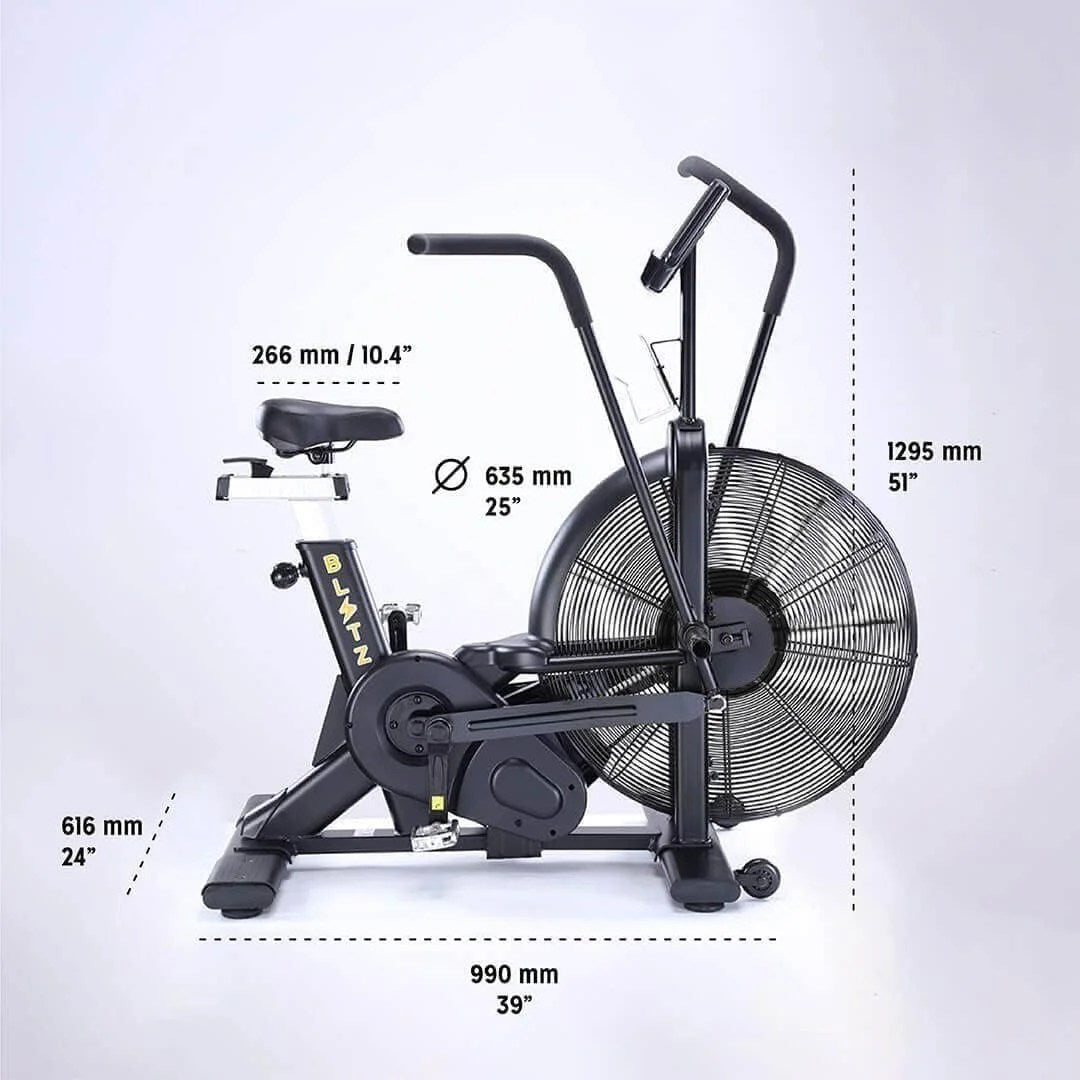 Casavibeo Bells of Steel USA Blitz Air Bike showing a sturdy black and red exercise bike with digital display and adjustable seat.