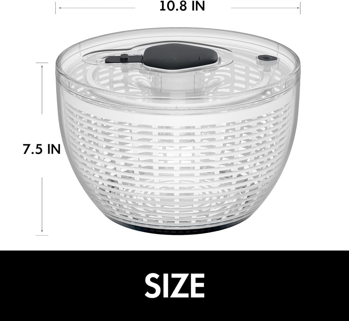 Large one-handed lettuce salad spinner by Belro, with a clear plastic bowl and easy-to-use handle for rinsing and drying leafy greens.
