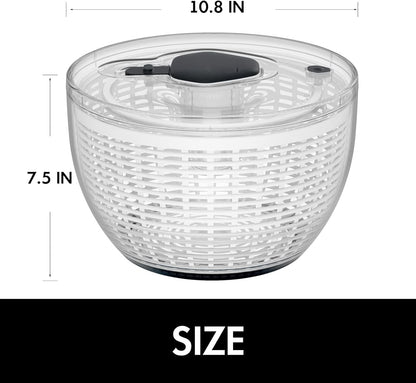 Large one-handed lettuce salad spinner by Belro, with a clear plastic bowl and easy-to-use handle for rinsing and drying leafy greens.