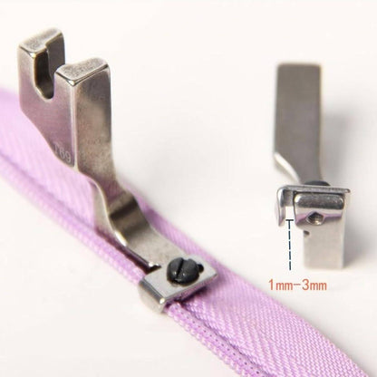 Belro T69 Invisible Zipper Presser Foot for men's clothing, showing the precise attachment for seamless zipper installation.