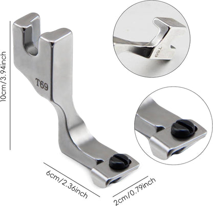Belro T69 Invisible Zipper Presser Foot for men's clothing, showing the attachment and sewing edge in use.