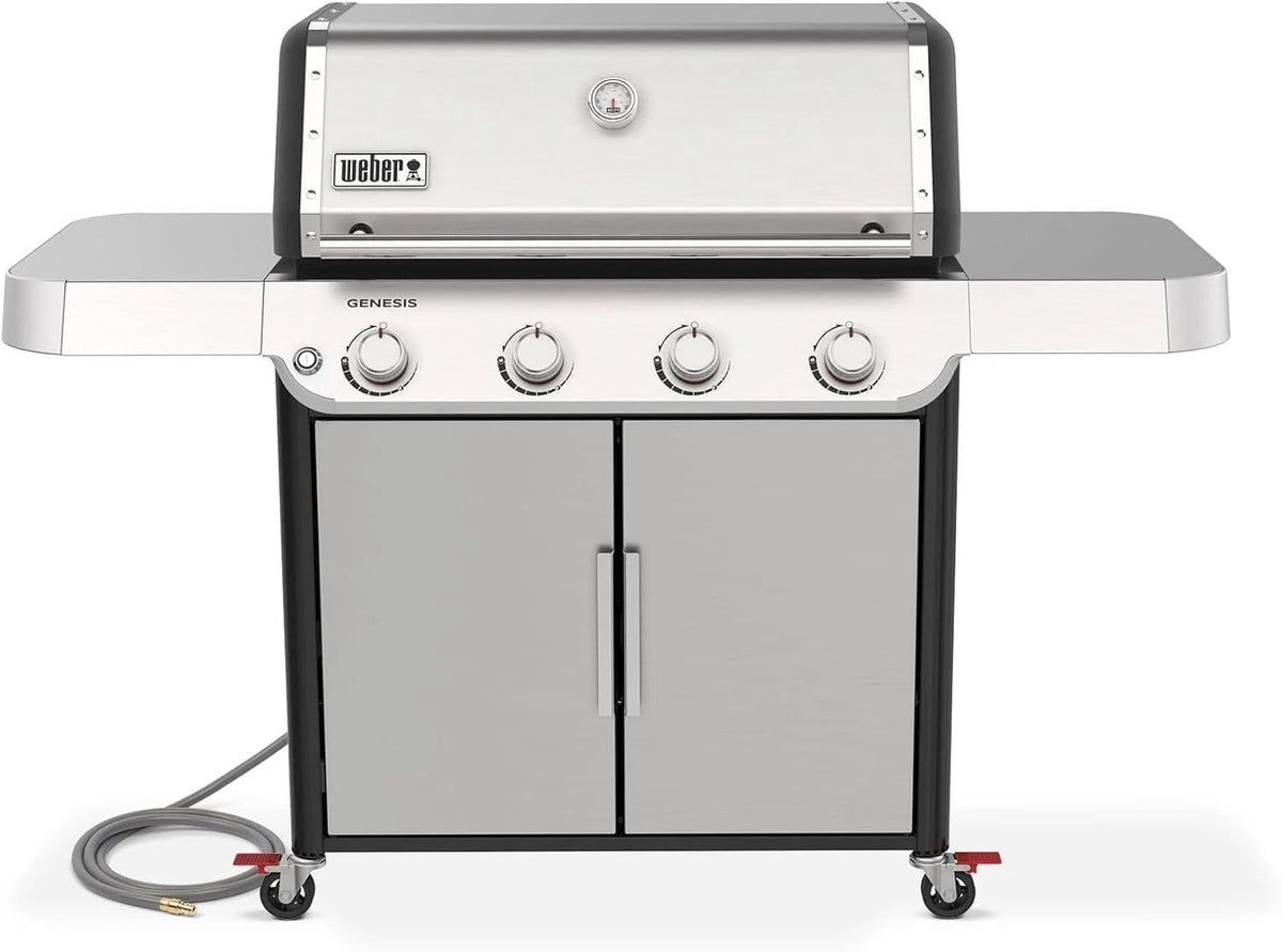 Casavibeo Weber Genesis S-415 natural gas grill with four burners, stainless steel lid, side shelves, and control knobs.