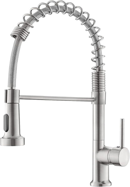 Belro single-hole kitchen faucet with pull-down sprayer, modern design, chrome finish, ideal for home kitchen sink.
