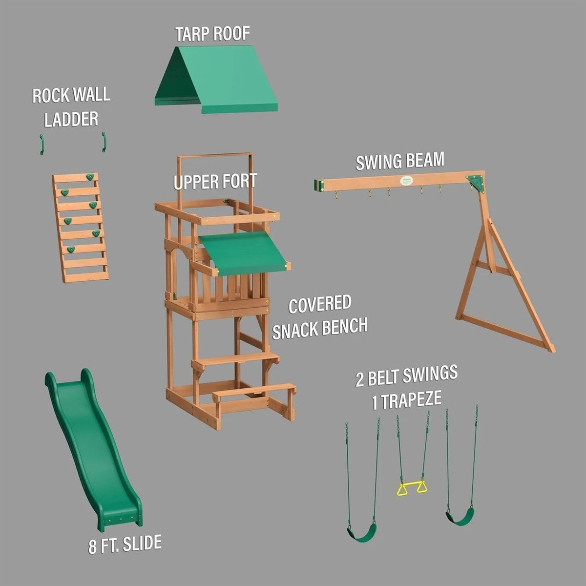 Casavibeo Backyard Discovery Belmont All Cedar Swing Set with slides, swings, and climbing features in a backyard setting