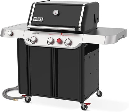 Casavibeo Genesis II E-335 gas grill with stainless steel lid, multiple burners, and side shelves for outdoor cooking.