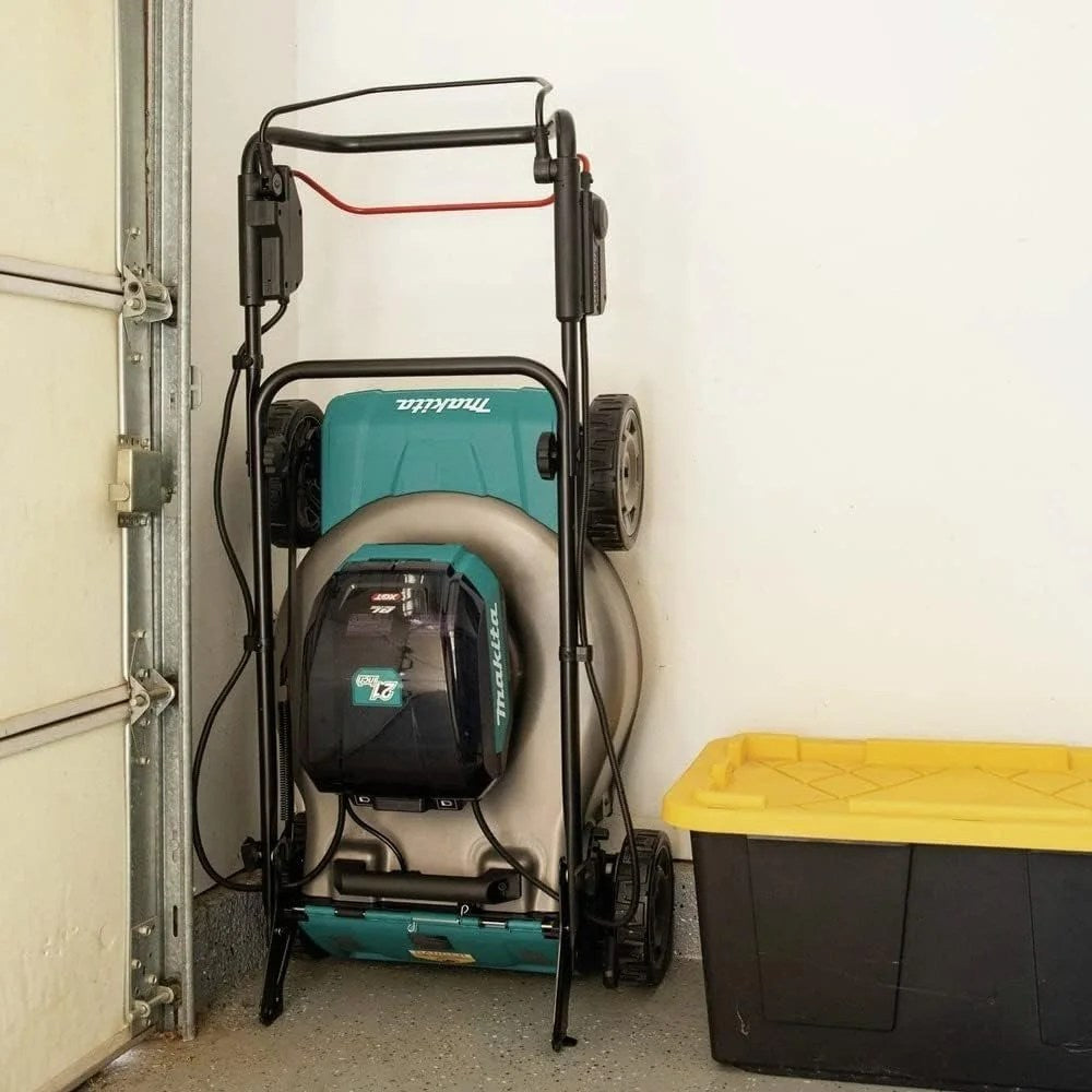 Makita 40V max XGT brushless self-propelled 21-inch commercial lawn mower kit with cutting deck and control panel.