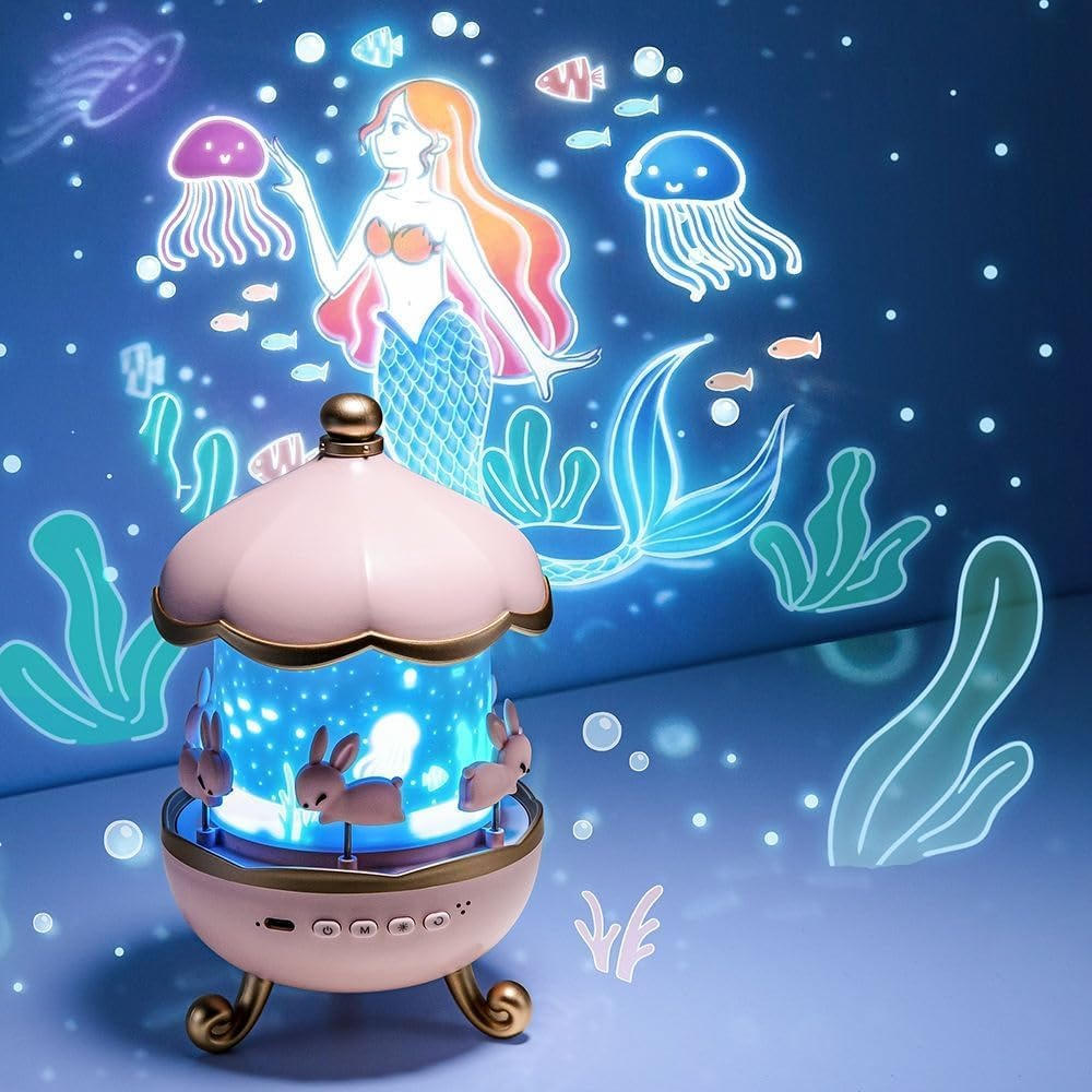 Belro night light projector for kids displaying colorful star and moon projections on a bedroom wall.