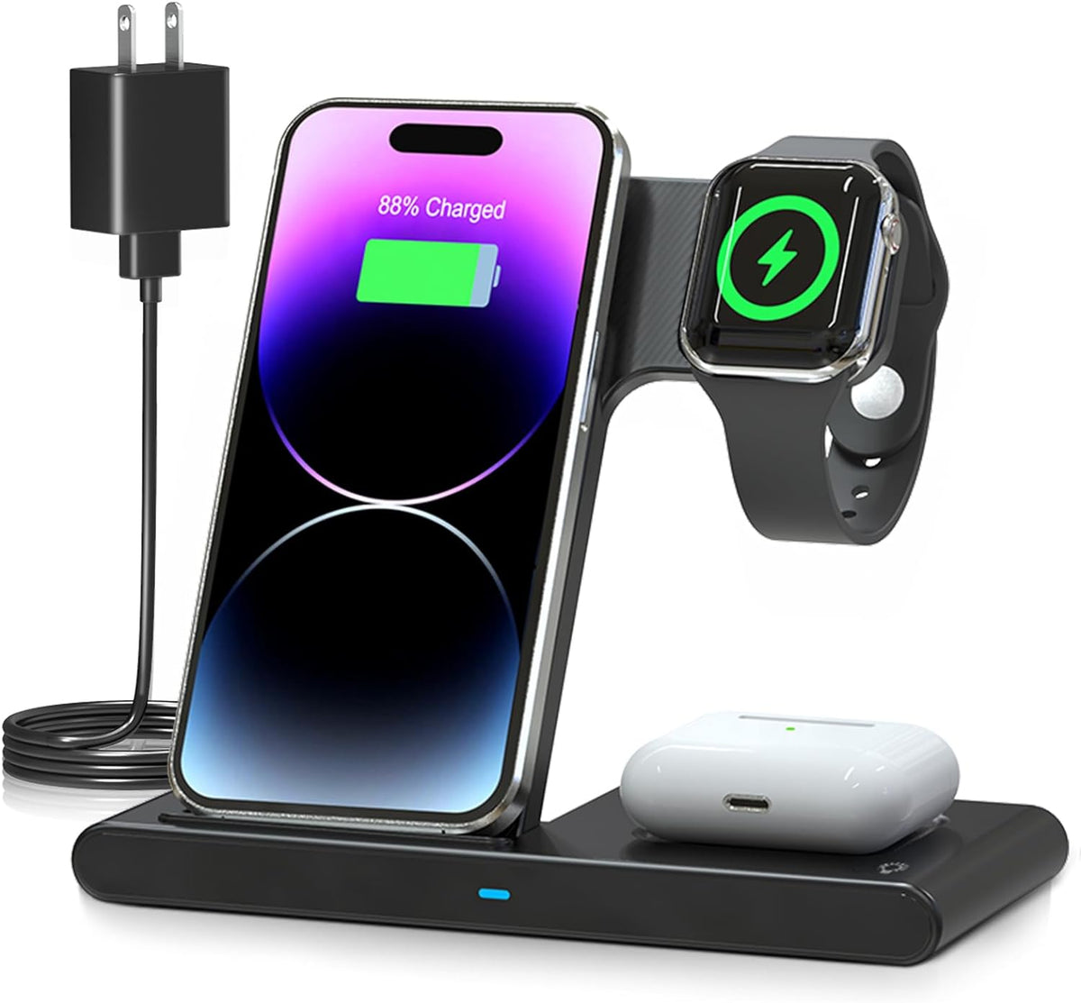 Belro 3-in-1 wireless fast charger stand for iPhone, Apple Watch, and AirPods on a sleek charging station.