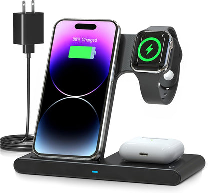 Belro 3-in-1 wireless fast charger stand for iPhone, Apple Watch, and AirPods on a sleek charging station.