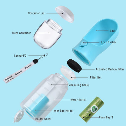 Belro dog water bottle with food container for outdoor use, portable pet hydration and food storage solution