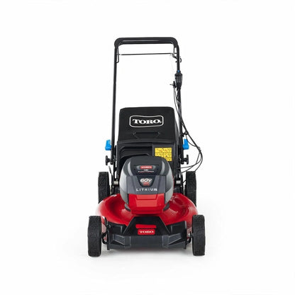Toro 60V Recycler SmartStow 21-inch self-propelled mower with rear-wheel drive, shown in green with grass cutting blades.