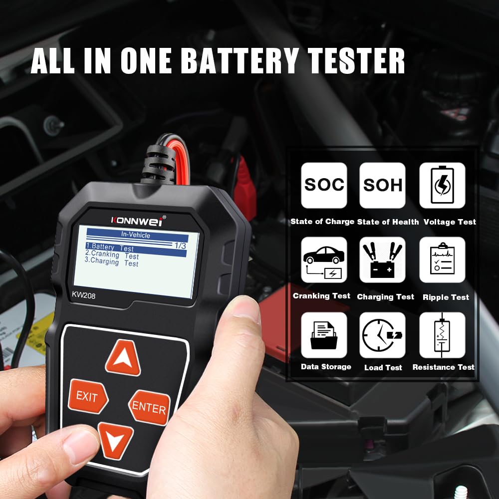 Belro Car Alternator Battery Tester showing digital display and testing leads for vehicle battery and alternator diagnosis.