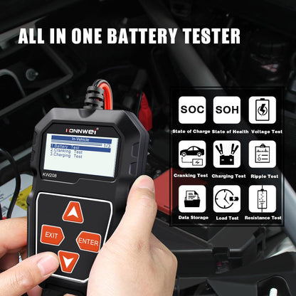 Belro Car Alternator Battery Tester showing digital display and testing leads for vehicle battery and alternator diagnosis.