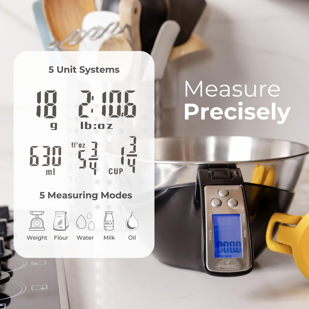 Belro digital measuring cup scale showing a clear LCD display with measurement markings, ideal for precise kitchen or workshop use.