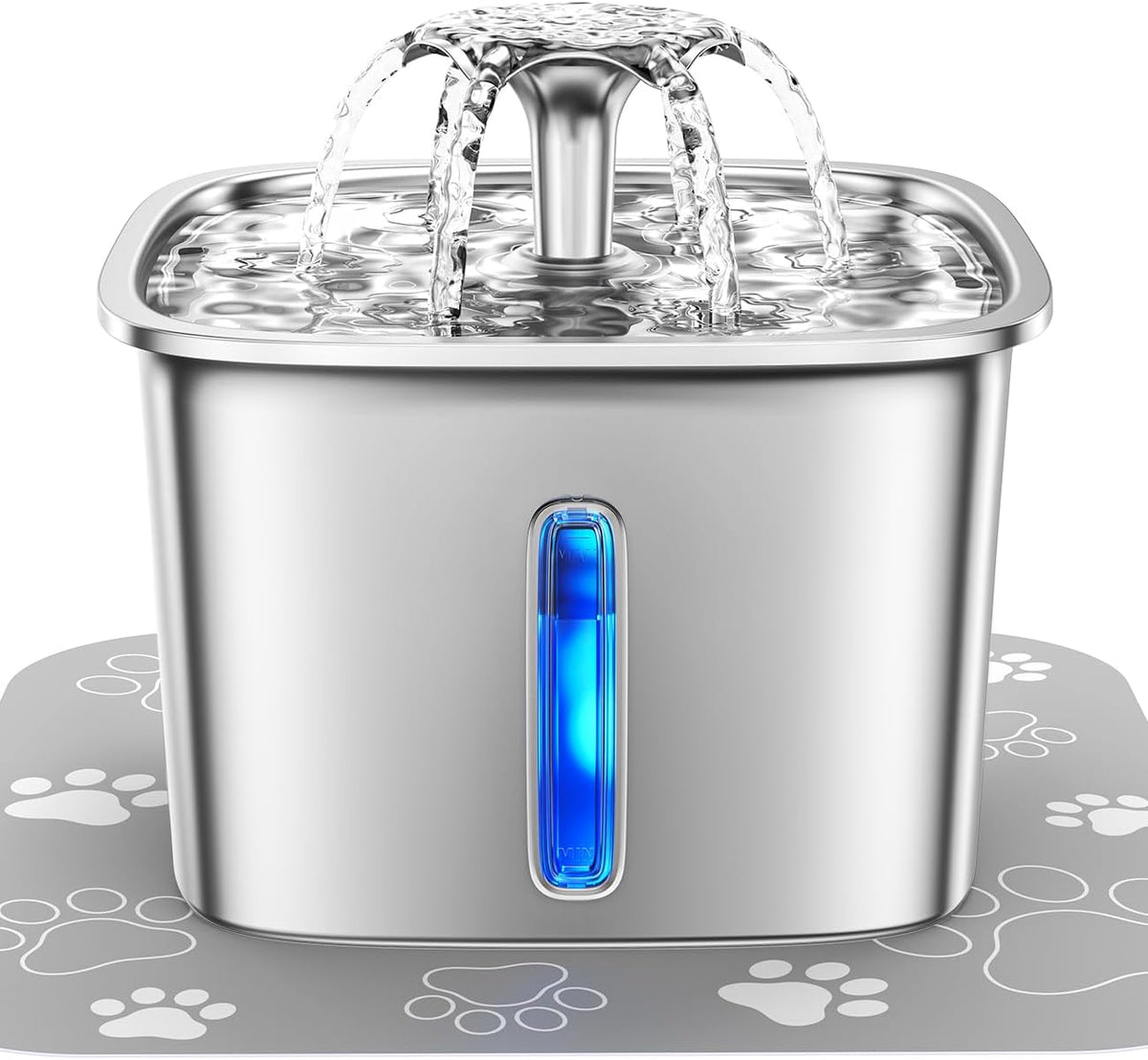Belro stainless steel cat water fountain with flowing water and multiple spouts, designed for pet hydration and convenience