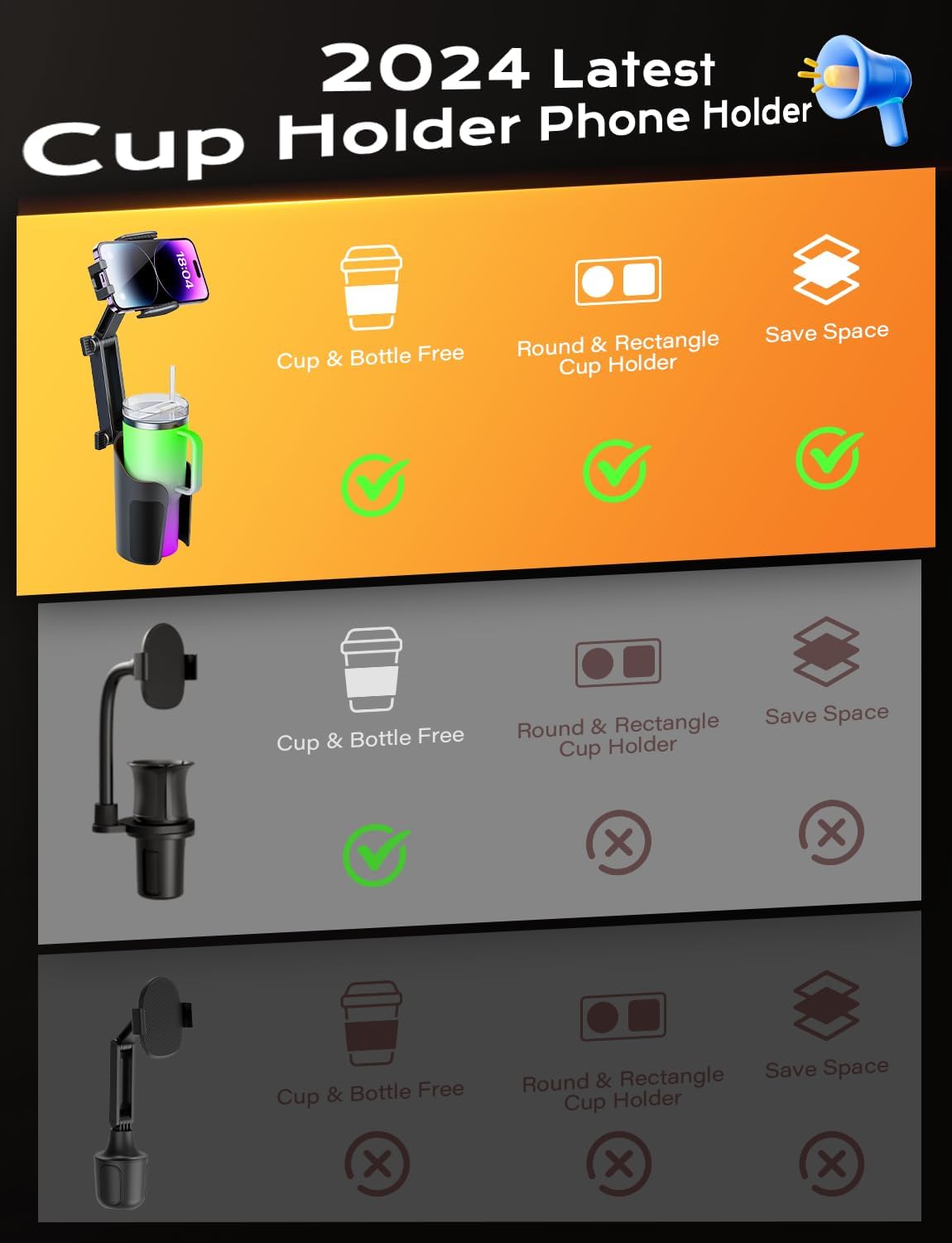 Belro phone cup holder mount for car, adjustable phone holder attached to a beverage cup holder in a vehicle interior