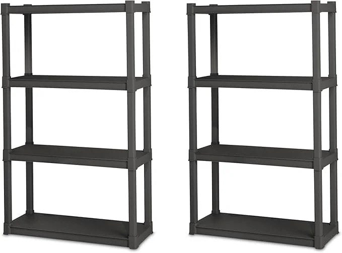 Casavibeo Sterilite 2-pack heavy-duty plastic shelving units with four shelves, ideal for kitchen, bathroom, and garage storage.