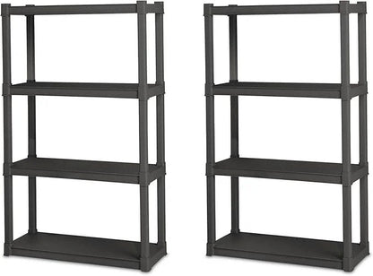 Casavibeo Sterilite 2-pack heavy-duty plastic shelving units with four shelves, ideal for kitchen, bathroom, and garage storage.