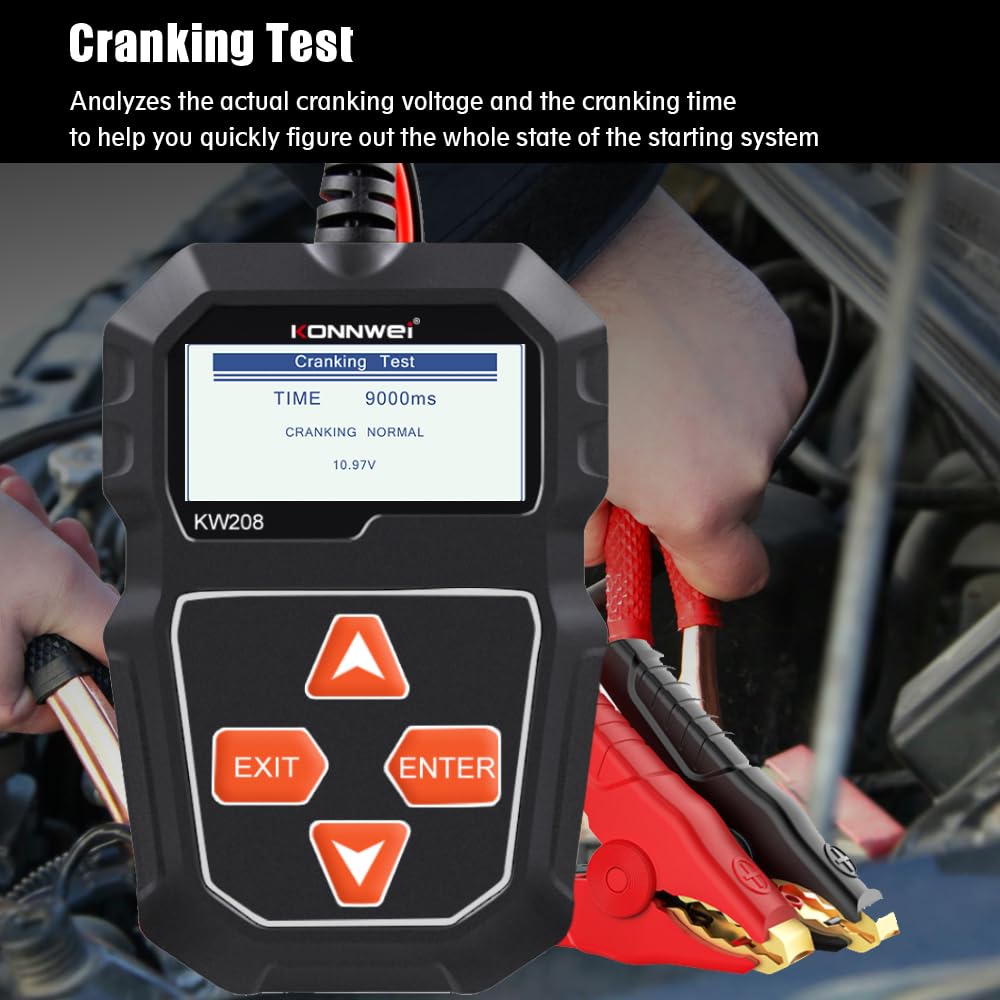 Belro Car Alternator Battery Tester displaying digital readout, used to check vehicle battery and alternator performance.