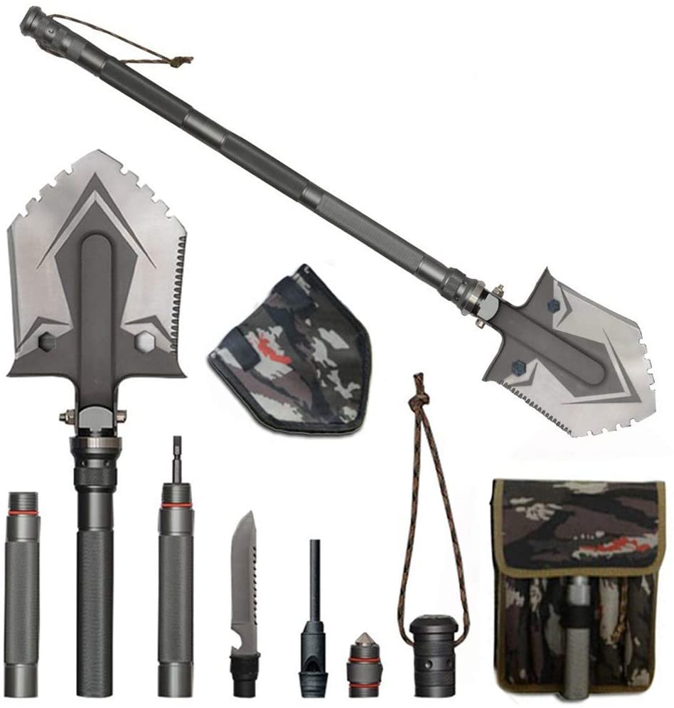 Belro indestructible multi-function survival shovel with a sturdy handle and multiple tools, ideal for outdoor and gardening tasks.