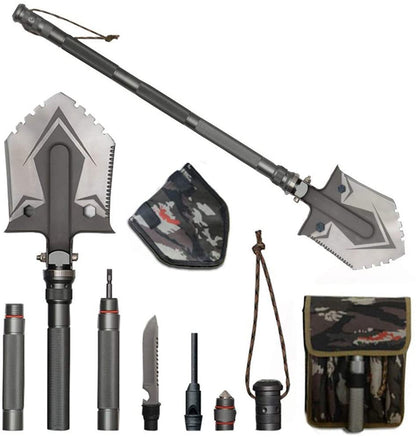 Belro indestructible multi-function survival shovel with a sturdy handle and multiple tools, ideal for outdoor and gardening tasks.