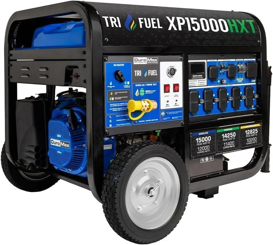 DuroMax 15,000-Watt Tri-Fuel Portable Generator XP15000HXT with control panel and exhaust system for outdoor power needs