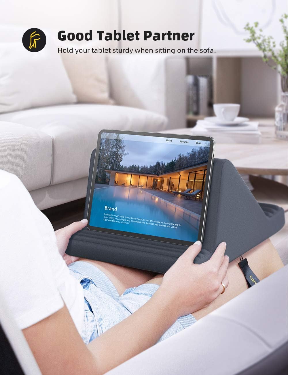 Belro tablet pillow stand supporting all tablets, soft cushion with adjustable angle for comfortable viewing and use.