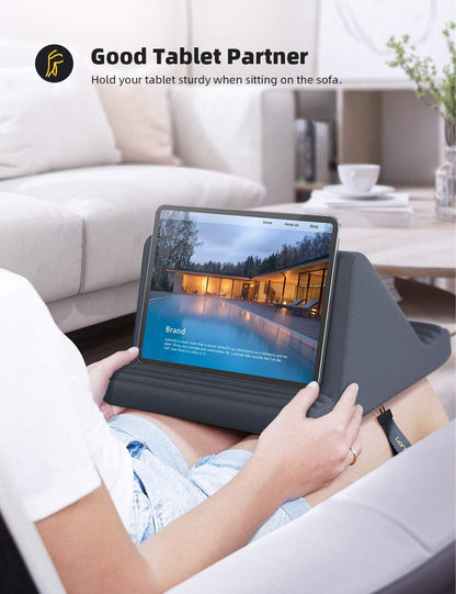 Belro tablet pillow stand supporting all tablets, soft cushion with adjustable angle for comfortable viewing and use.