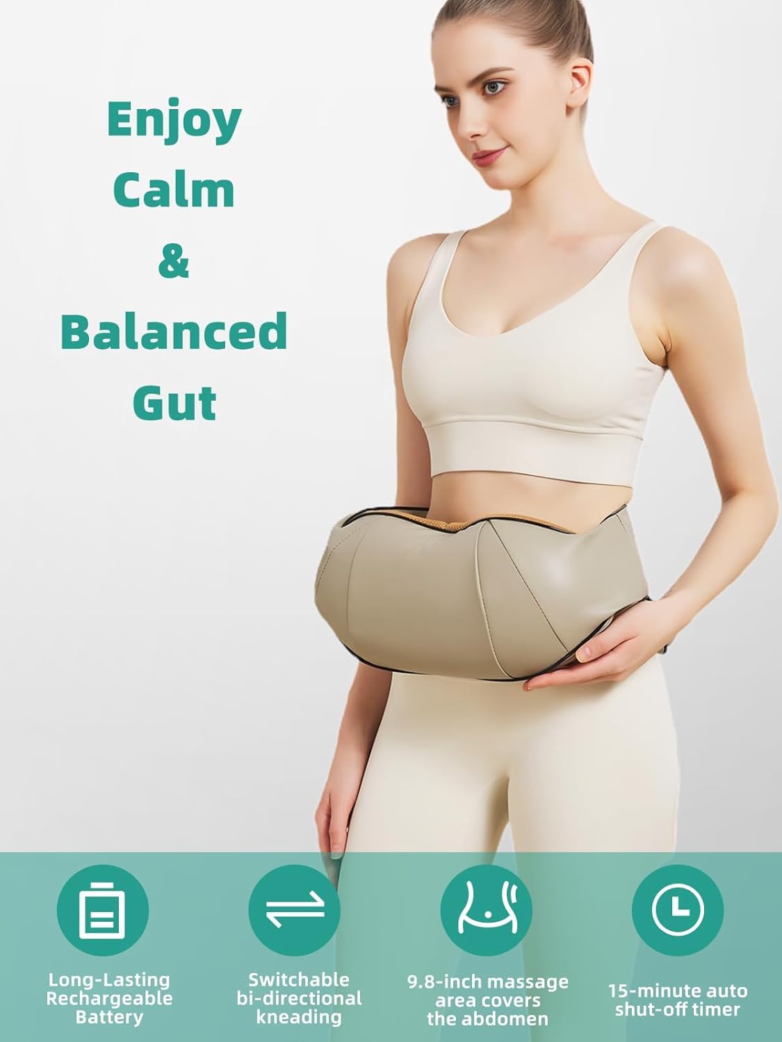 Belro stomach massager for constipation, electronic personal care appliance with a compact design and control buttons visible.