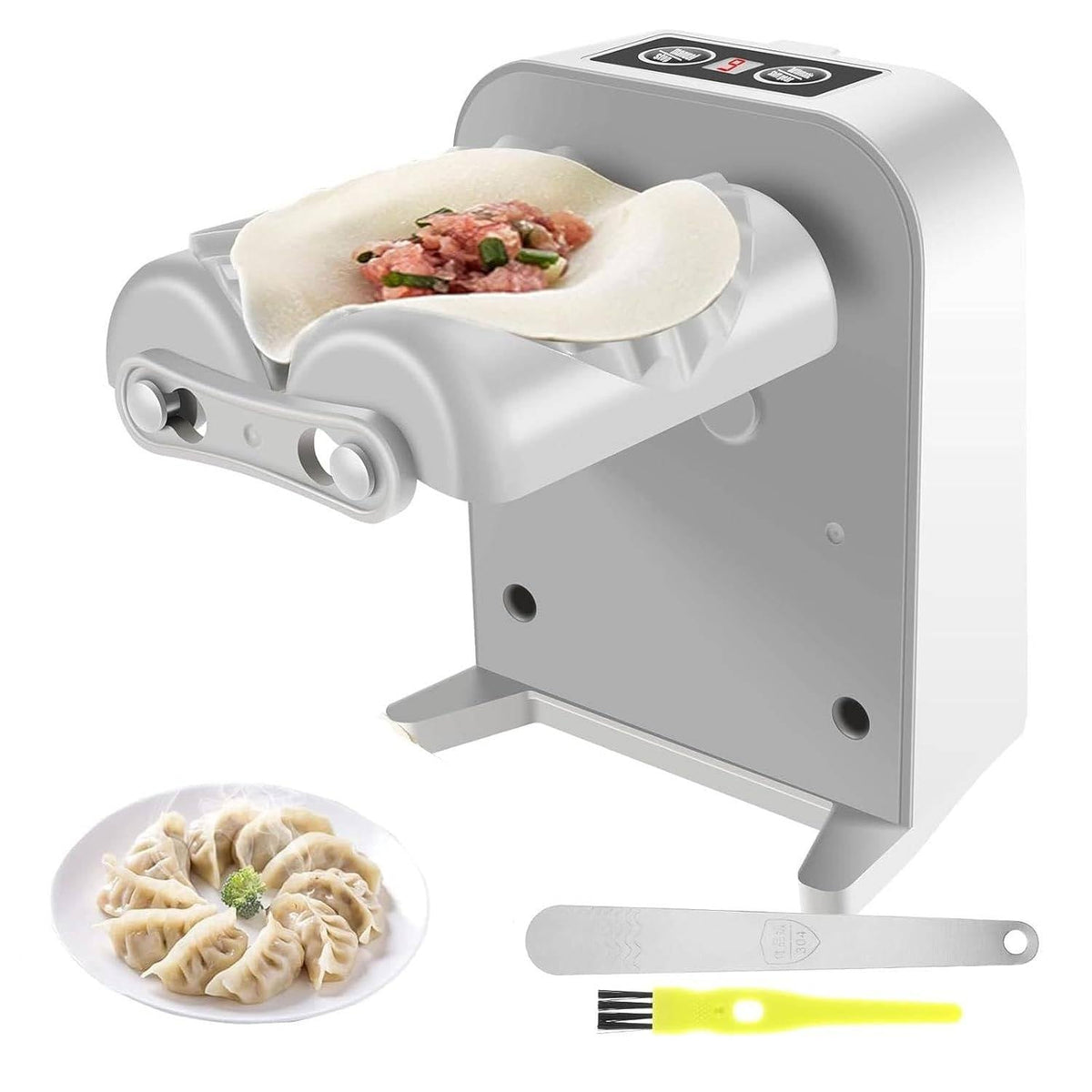 Belro automatic dumpling maker for home kitchen, showing the device with prepared dumplings ready for cooking.