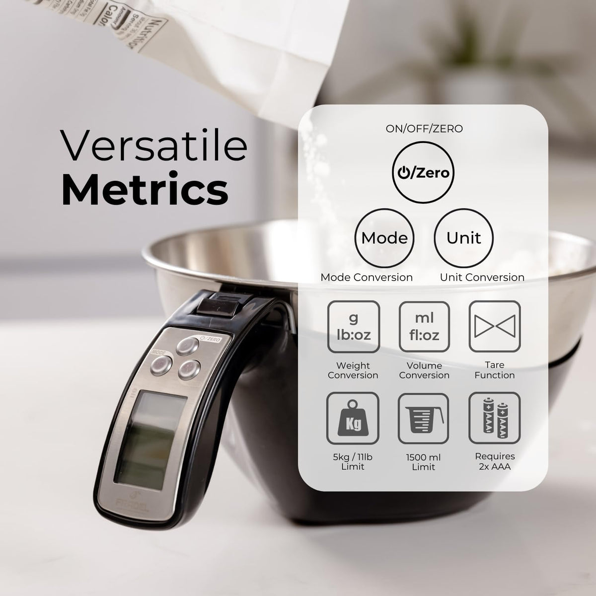 Digital measuring cup scale by Belro, featuring a clear LCD display and stainless steel bowl for precise ingredient measurement.