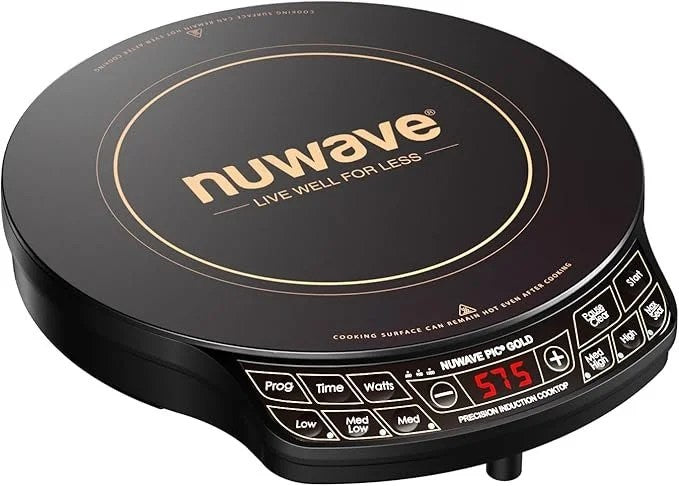 Casavibeo Nuwave Precision Induction Cooktop with gold ceramic glass surface, large heating coil, and adjustable temperature settings