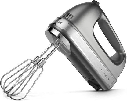 Casavibeo KitchenAid 9-speed digital hand mixer in contour silver with turbo beater and pro whisk attachments.