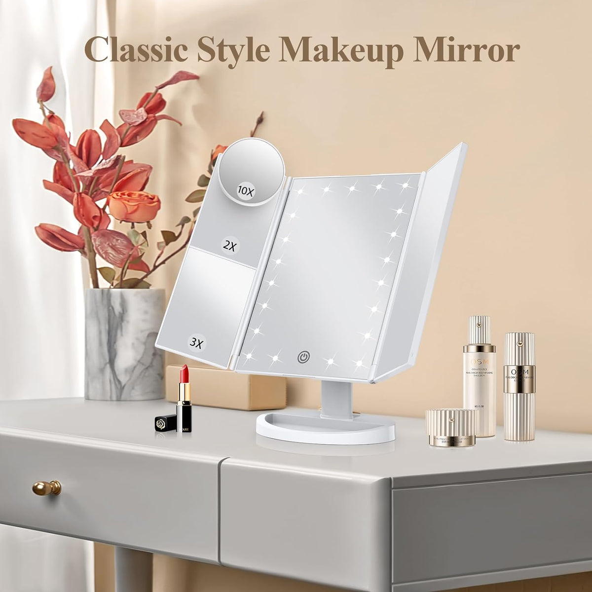 Belro tri-fold LED makeup mirror with built-in lights, featuring multiple panels for detailed beauty and makeup application.