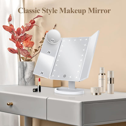 Belro tri-fold LED makeup mirror with built-in lights, featuring multiple panels for detailed beauty and makeup application.