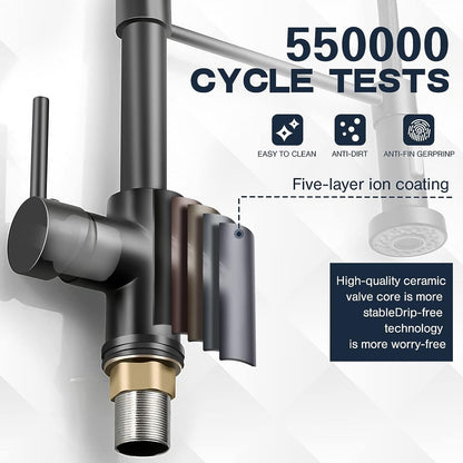 Belro single-hold spring kitchen faucet with pull-down sprayer, chrome finish, mounted on a modern kitchen sink.