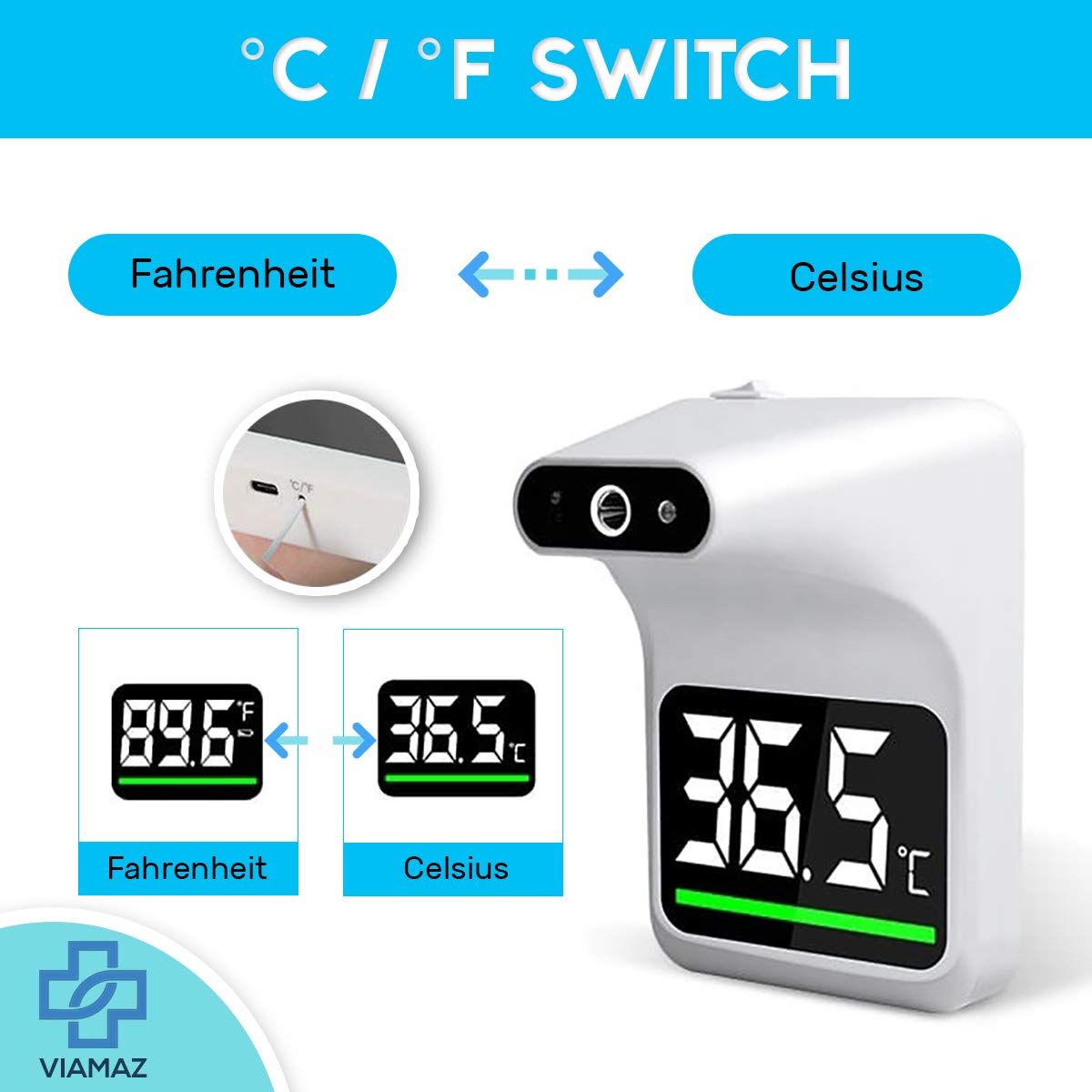 Belro contactless wall-mounted forehead thermometer mounted on a wall, digital display visible, used for quick temperature readings.
