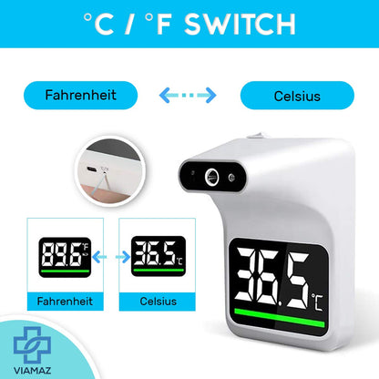 Belro contactless wall-mounted forehead thermometer mounted on a wall, digital display visible, used for quick temperature readings.
