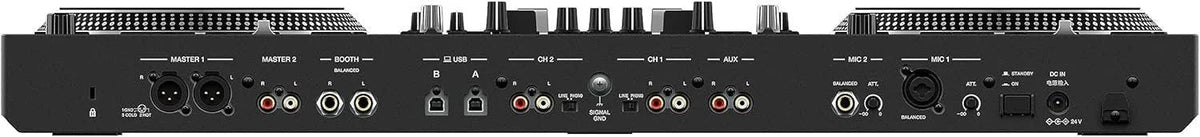 Casavibeo Pioneer DJ DDJ-REV7 DJ controller with jog wheels, mixer controls, and colorful LED lighting setup for professional DJs